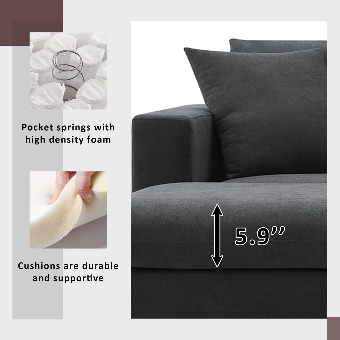 NEW L-shaped 4-Seat Polyester Black Fabric Modern Sectional Sofa