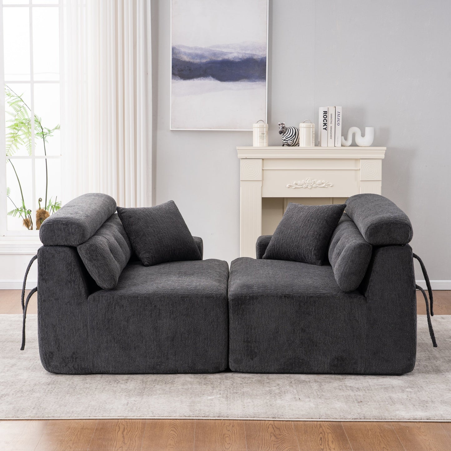NEW LY-029 Gray 4-Seater Wood Grain Chenille Fabric Full Sponge Compression Sofa with 2 Pillows