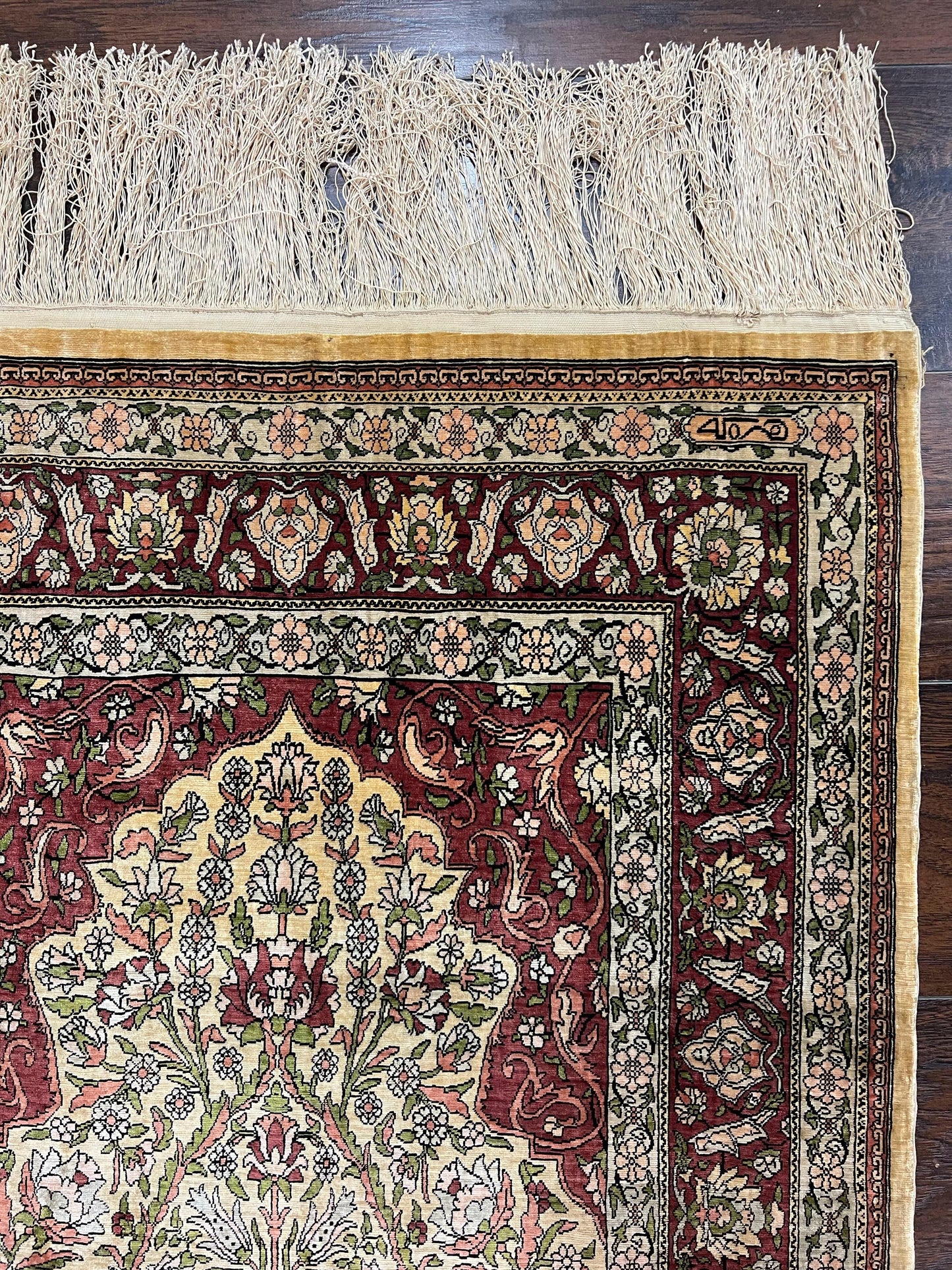 USED Wonderful Silk Turkish Hereke Prayer Rug 2.8 x 4.5, Tree of Life Design, Signature from Master Weaver, Gold and Burgundy, Handmade, 625 KPSI