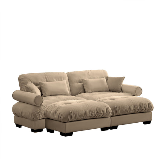 NEW Modern Camel Velvet Two-Seater Sofa with Ottoman