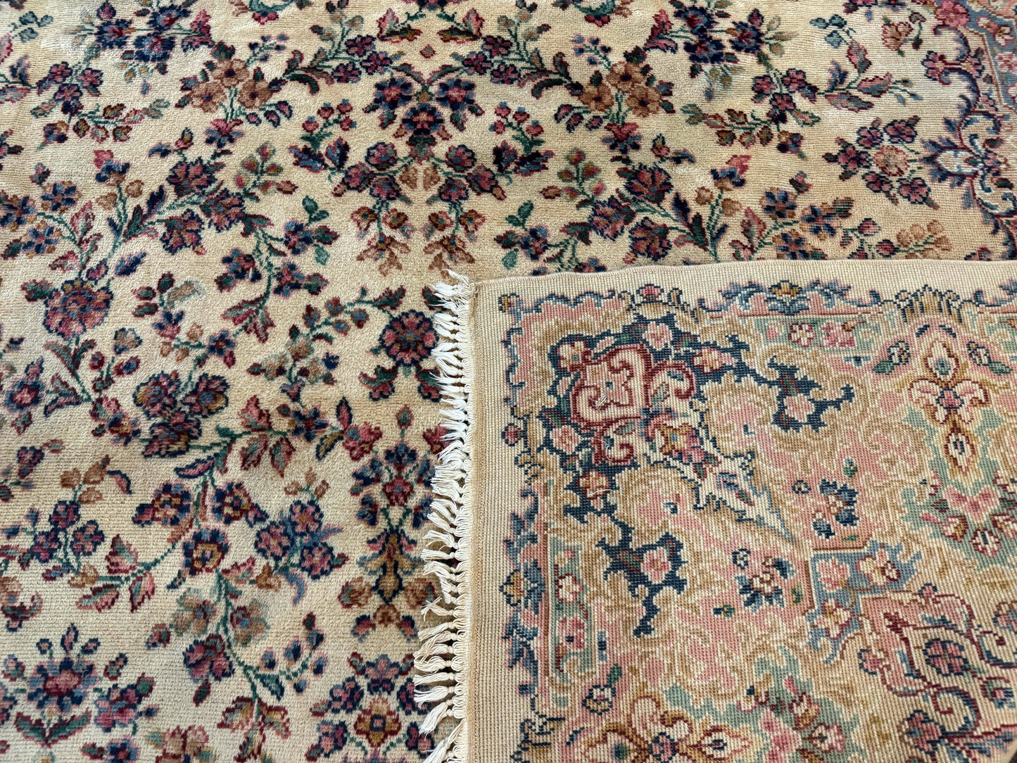 USED Antique Karastan Rug 8.8 x 12 Lanamar Floral Ivory Kirman Wool Discontinued