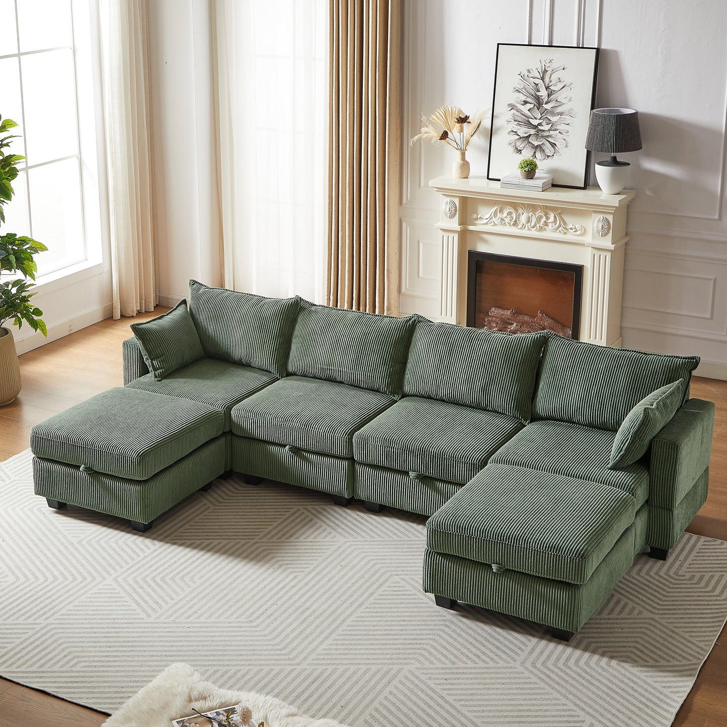 NEW 113.5'' Modular Sectional Corduroy U Shaped Sofa Couch with Storage Ottoman 6 Seat Convertible Sections and Chaise