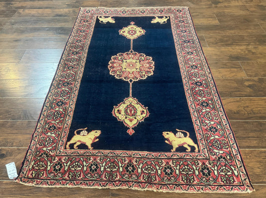 USED Antique Persian Mashad Rug 4x6, Semi Open Field, Navy Blue, Lion Pictorials, Triple Medallion, Dorokhsh Rug