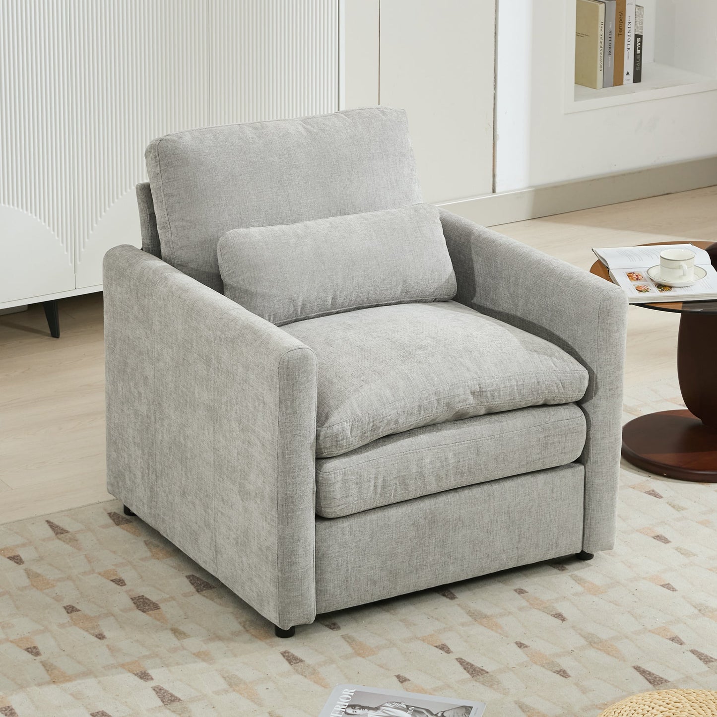 NEW Light Grey Chenille Cozy Upholstered Oversized Comfy Cloud Double Cushion Single Armchair Sofa