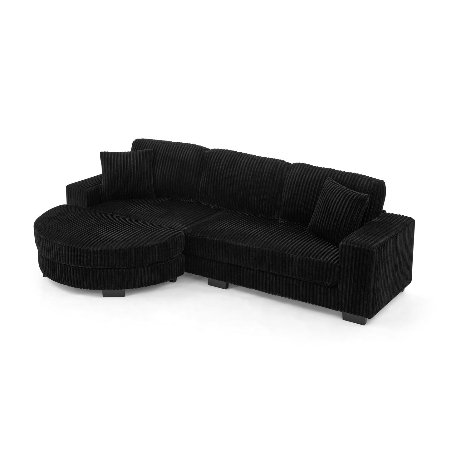 NEW Black Corduroy Tufted Upholstered Sleeper Sectional Sofa, L-Shaped Modular Convertible Sofa with Arc-Shaped Footstool