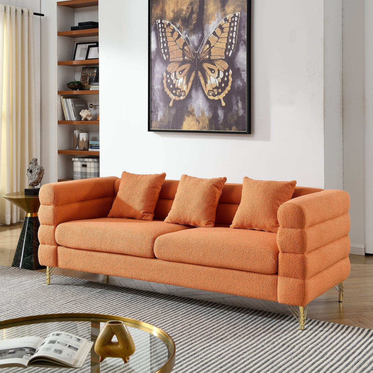 NEW 81 Inch Oversized Orange 3 Seater Fabric Sectional Deep Seating Sofa with 3 Pillows