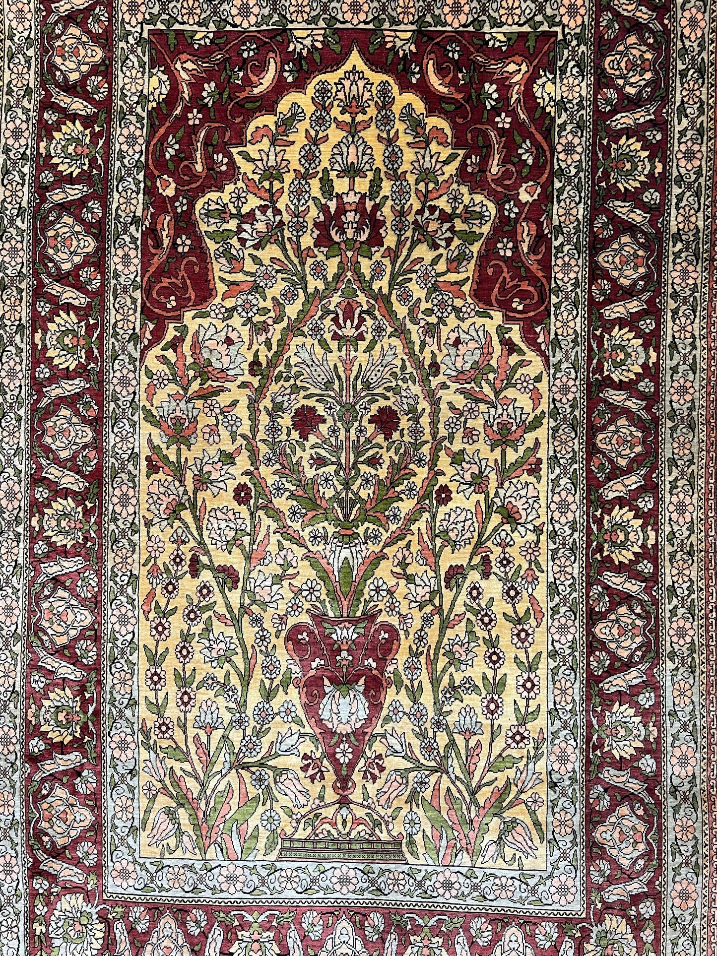 USED Wonderful Silk Turkish Hereke Prayer Rug 2.8 x 4.5, Tree of Life Design, Signature from Master Weaver, Gold and Burgundy, Handmade, 625 KPSI