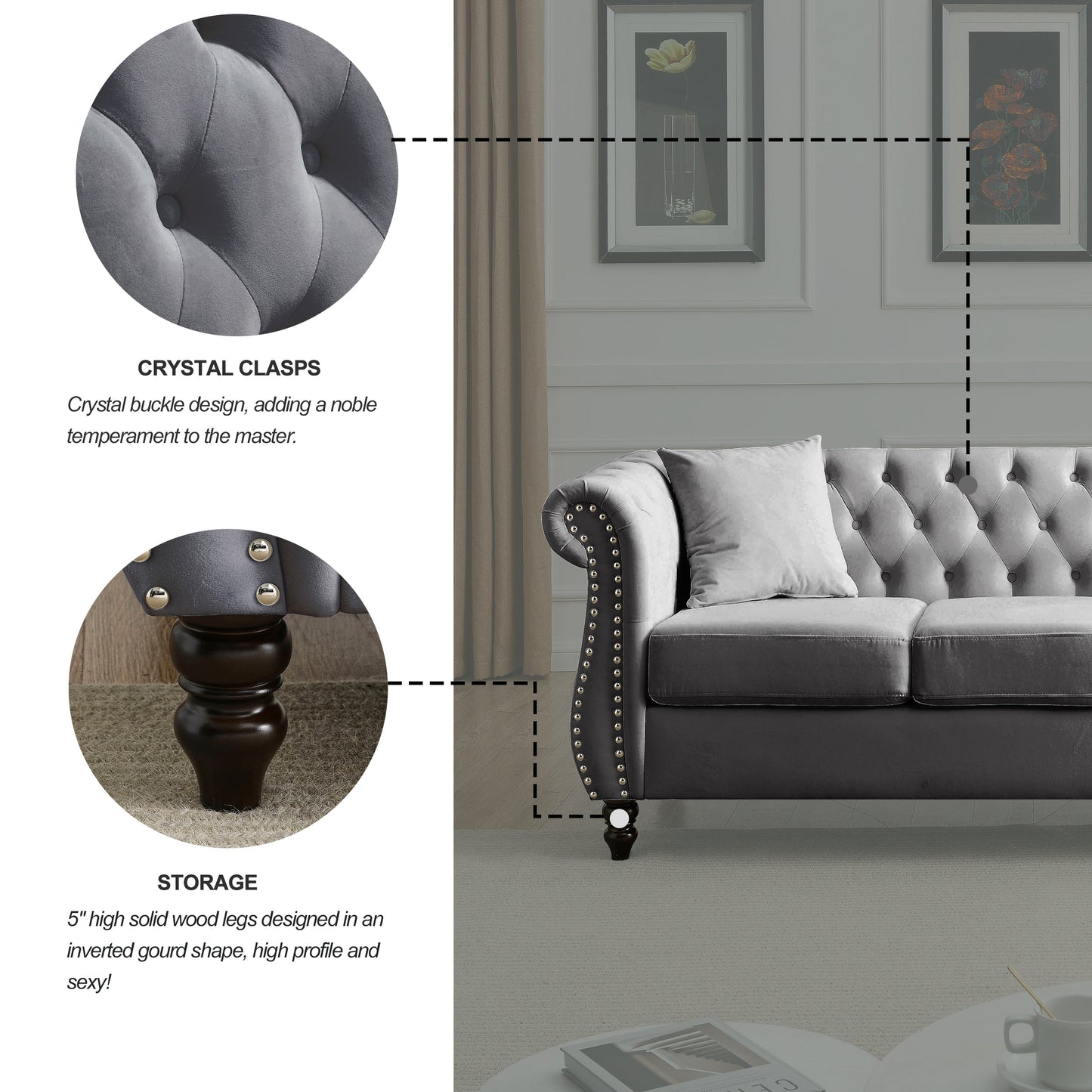 NEW 80' Chesterfield Sofa Couch Grey Velvet for Living Room, 3 Seater Sofa Tufted Couch with Rolled Arms Nailhead and Two Pillows