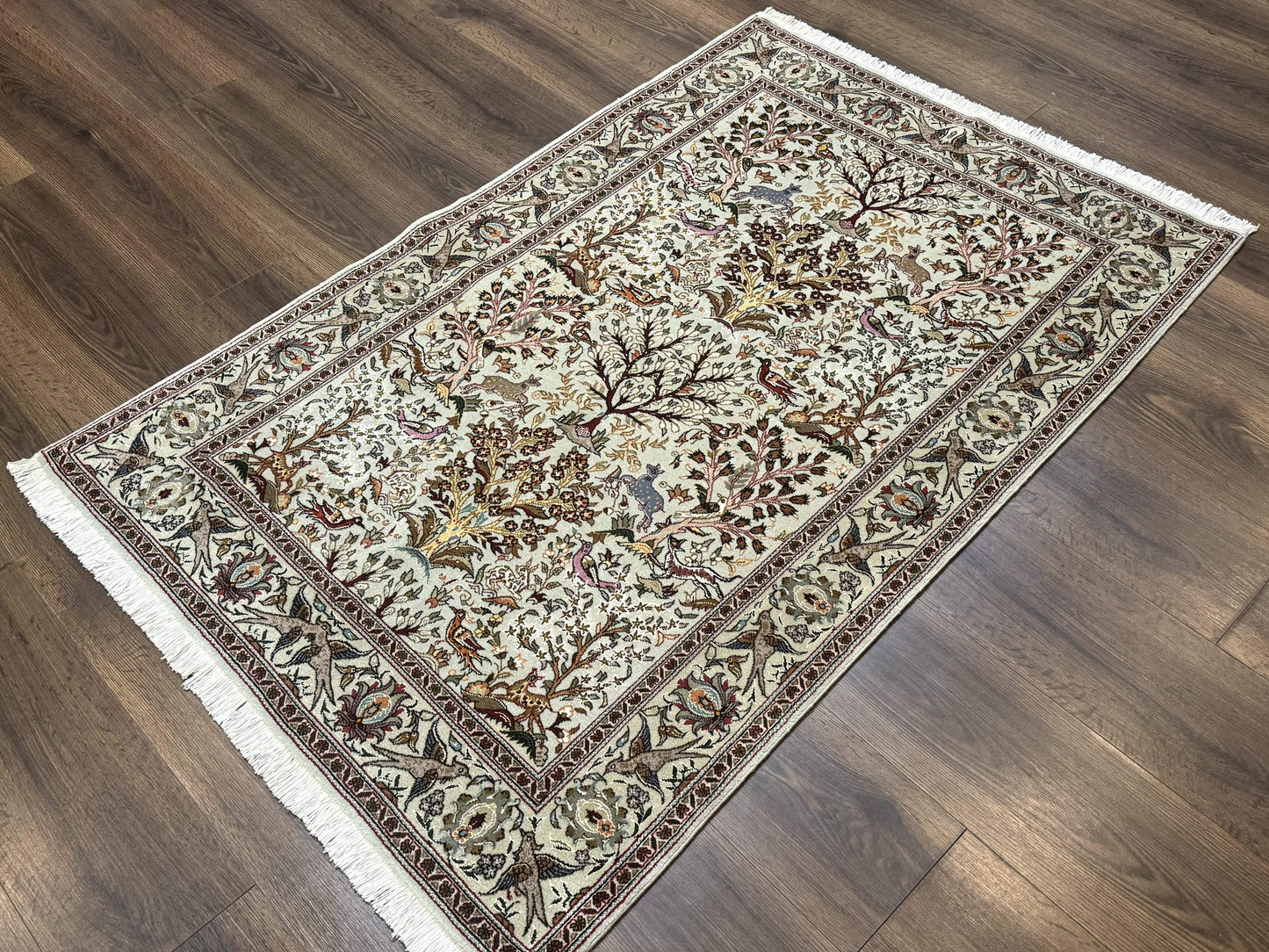 USED Wonderful Persian Tabriz Rug 3x5, Tree of Life, Animal Pictorials, Birds, Wool & Silk Highlights, Fine 330 KPSI