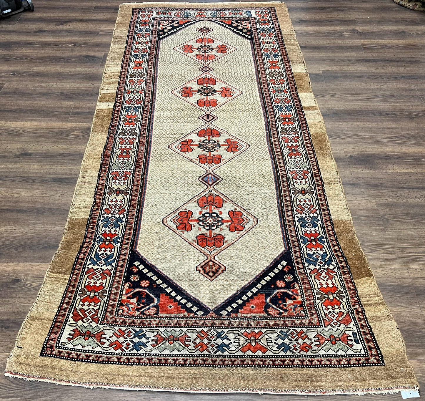 USED Rare Persian Sarab Tribal Runner Rug 4 x 10, Antique, Geometric Medallions, Camel Hair Runner