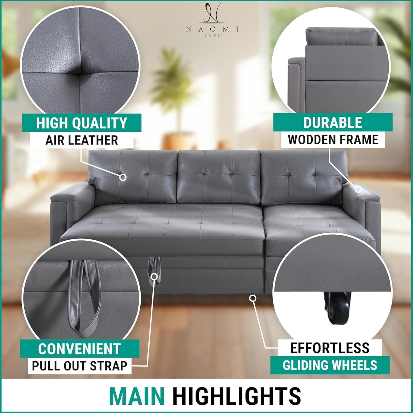 NEW L Shaped Sectional Sleeper Sofa With USB Ports Gray Leather