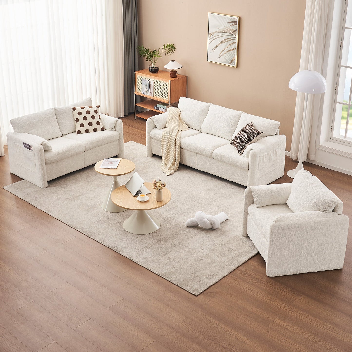 NEW Fixed Modern Ivory White Plush Chenille Lounge Accent Single Seater Armchair Chair with High-Resilience Cushion