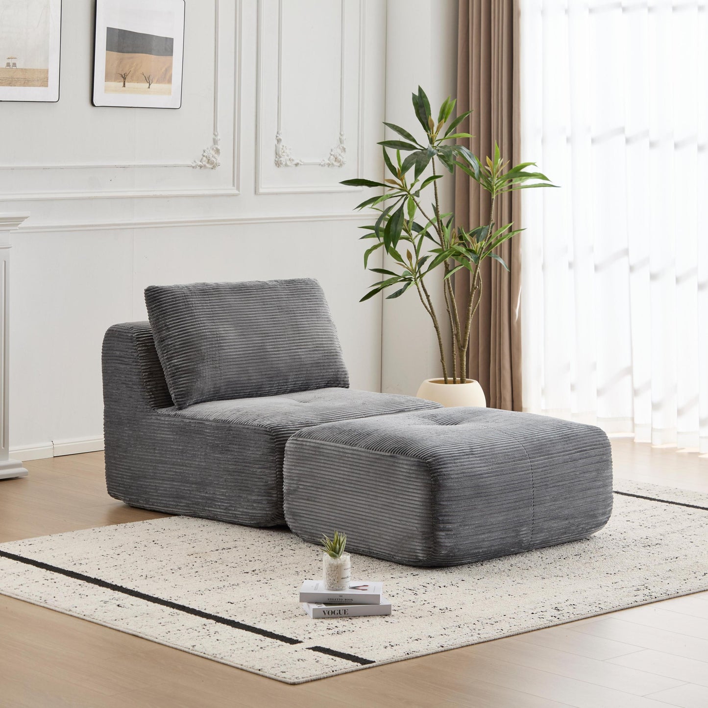 NEW Grey Single Corduroy Chaise Lounge Fabric Modern Memory Foam Compressed Sofa Cloud Modular Sectional Movable Ottoman