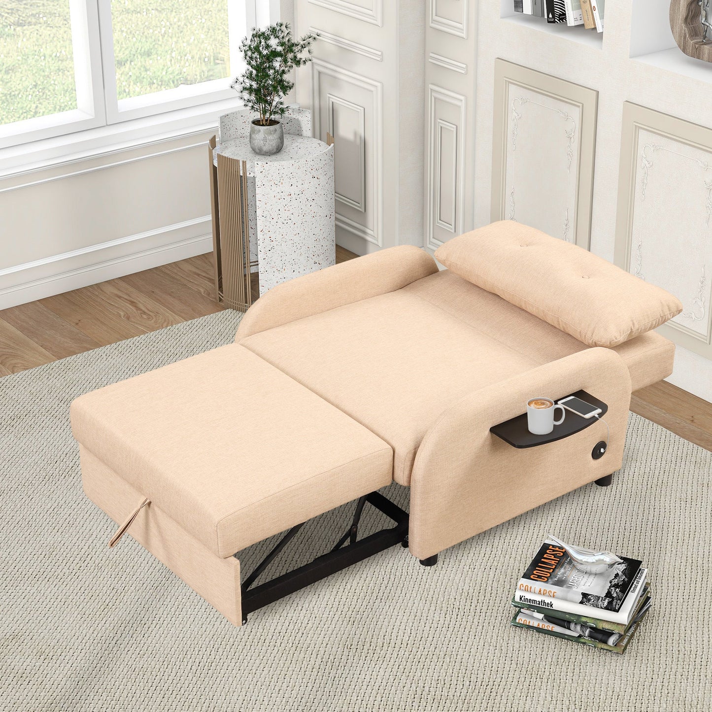 NEW Versatile Pull Out Sofa Sleeper 3 in 1 with Wing Table & USB Charge, Beige Linen, Compact Design