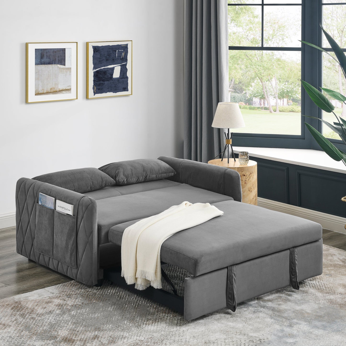NEW 55' Modern Convertible Sofa Bed 2 Detachable Arm Pockets Velvet Loveseat Adjustable Backrest Grid Design Armrest Couch Sofa with Pull Out Bed and 2 Pillows
