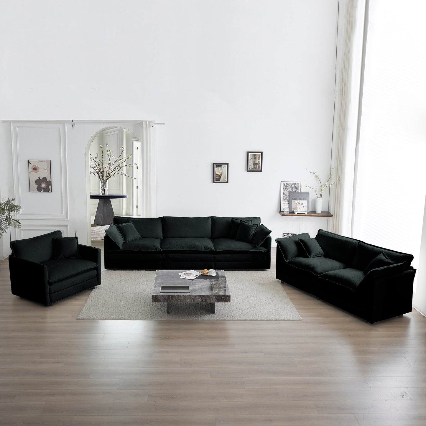 NEW Black Chenille Modern Sofa Couch 3 Piece Extra Deep Seat Sectional Sofa Set