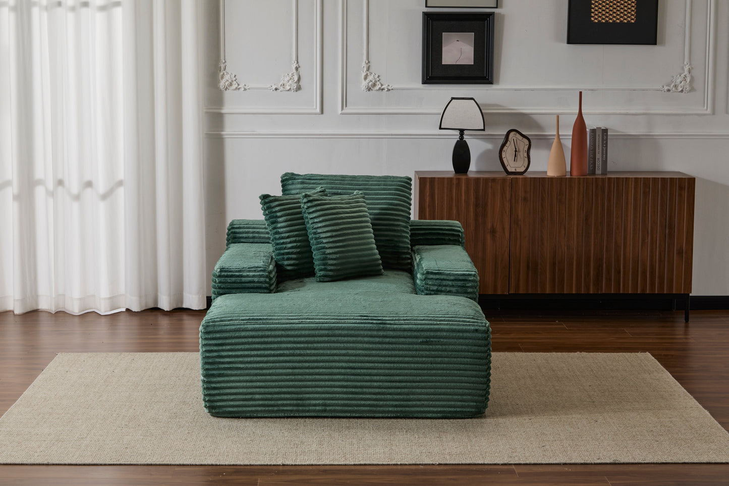 NEW Oversized Chaise Lounge Chair Cozy Cloud Couch Modern Plush Green Corduroy Upholstered Sleeper Sofa Daybed with 3 Throw Pillows and Wide Armrest