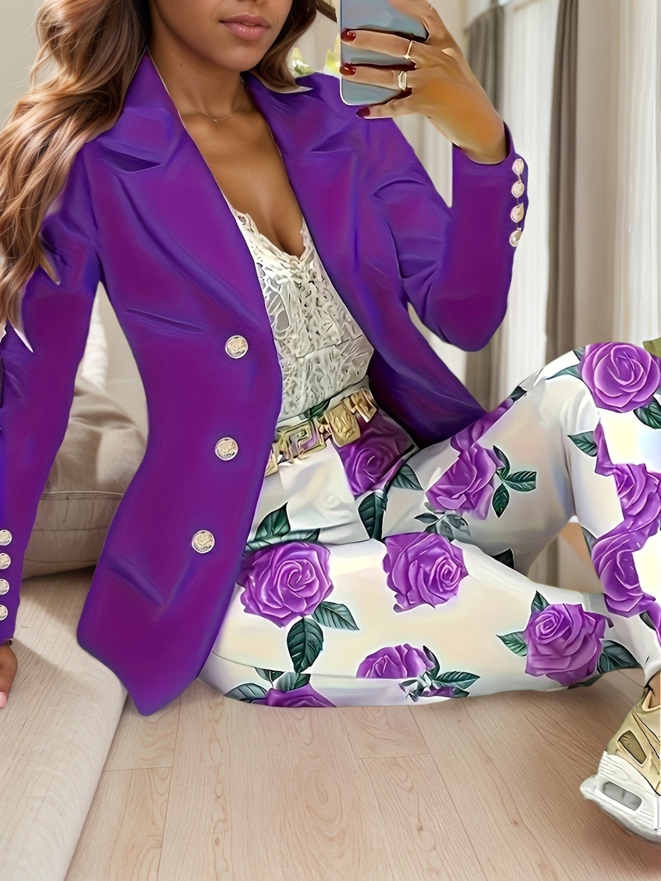 New 2025 New Elegant And Fashionable Casual Floral Print Set, Double Breasted Purple Suit Jacket And Floral Print High Waisted Slim Pants, Spring And Autumn Women's Clothing
