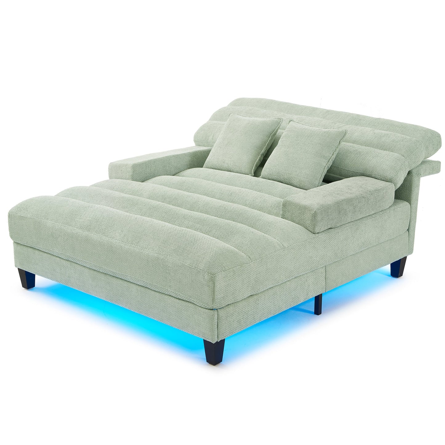 NEW Modern Chaise Lounge Sofa Bed with Adjustable Backrest and LED Light Strip, Green Chenille Upholstered, 57.1 Inches