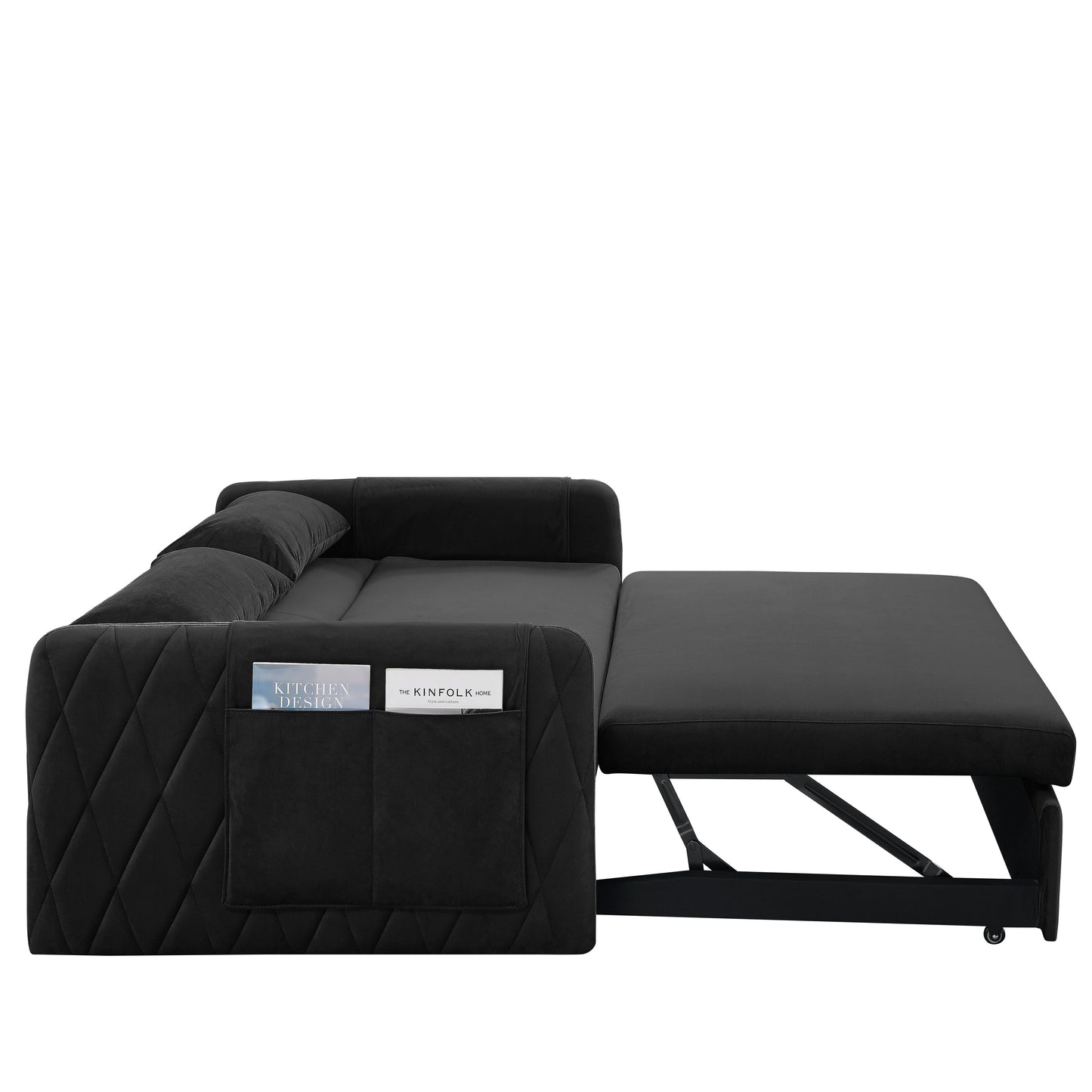 NEW 55' Modern Convertible Sofa Bed with 2 Detachable Arm Pockets, Velvet Loveseat Sofa with Pull Out Bed 2 Pillows Adjustable Backrest Grid Design Armrests