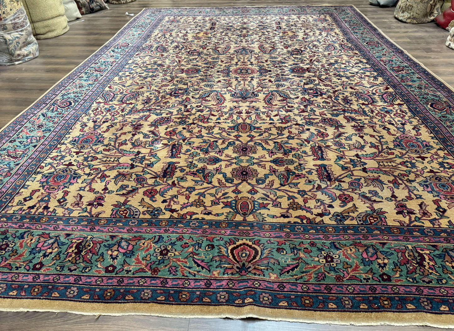 USED Antique Persian Rug 10x15, Camel and Cyan, Allover Pattern, Rare, Samarkand Rug