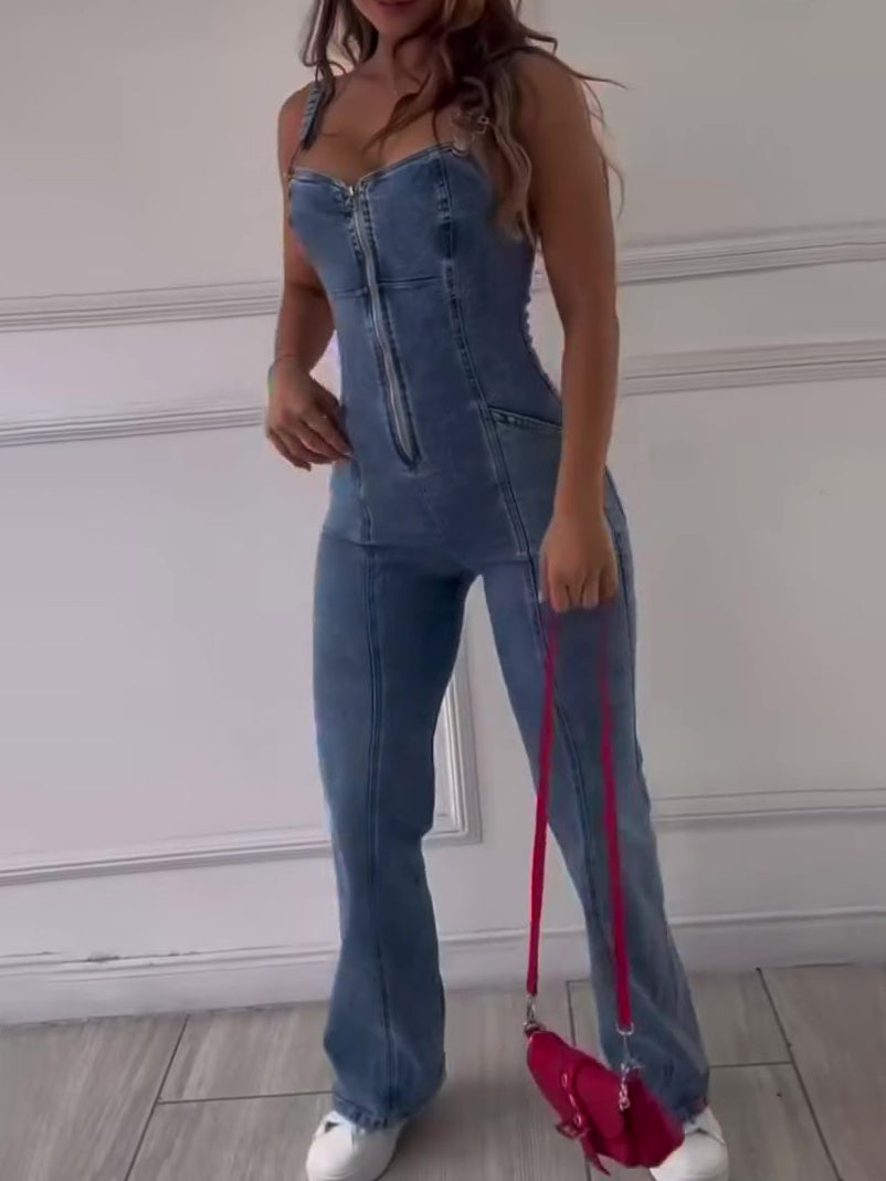 NEW Sleeveless Paneled Zipper Denim Jumpsuit