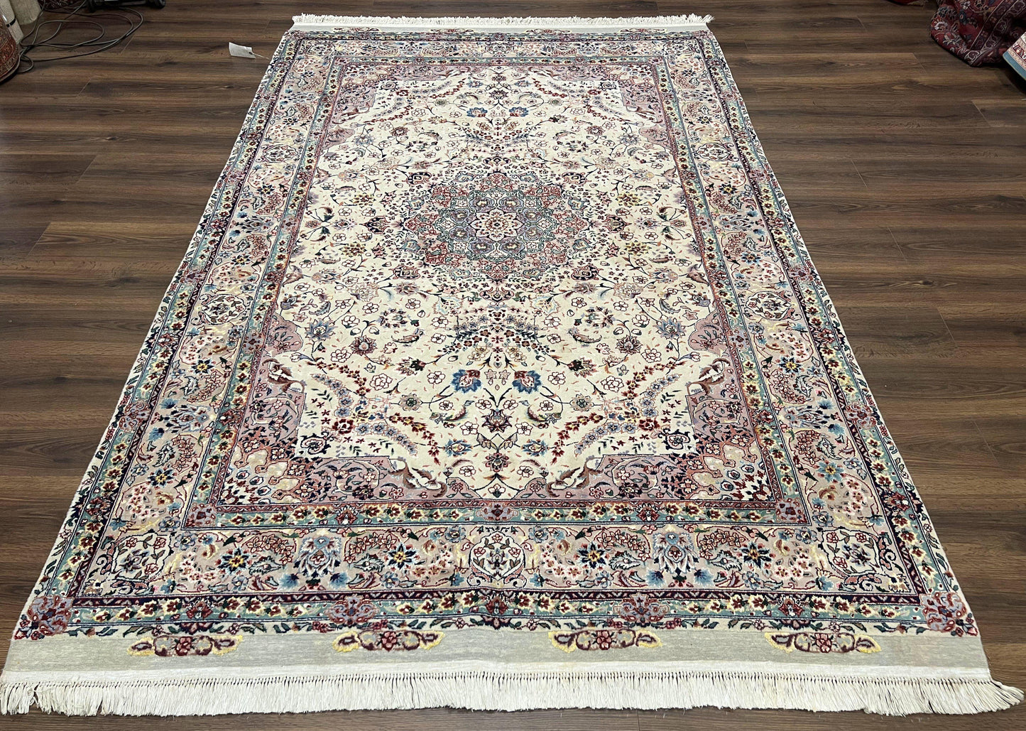 USED Beautiful Pak Persian Rug 6x9, Floral Medallion, Wool and Silk, Highly Detailed Elegant Carpet, Vintage Oriental Rug 6 x 9, Cream and Gray