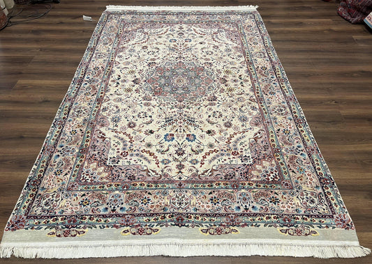 USED Beautiful Pak Persian Rug 6x9, Floral Medallion, Wool and Silk, Highly Detailed Elegant Carpet, Vintage Oriental Rug 6 x 9, Cream and Gray