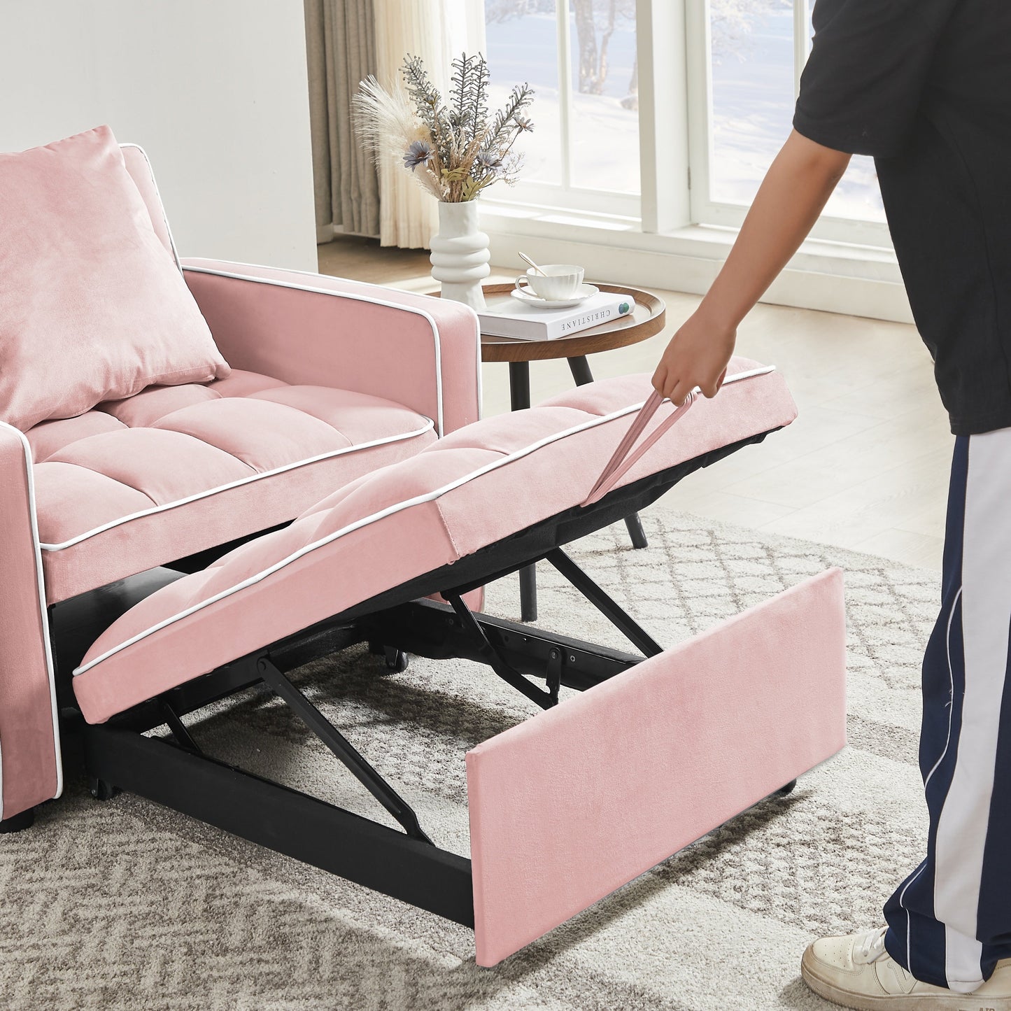 NEW Modern Pink Velvet Three-in-One Sofa Bed Chair with Adjustable Backrest
