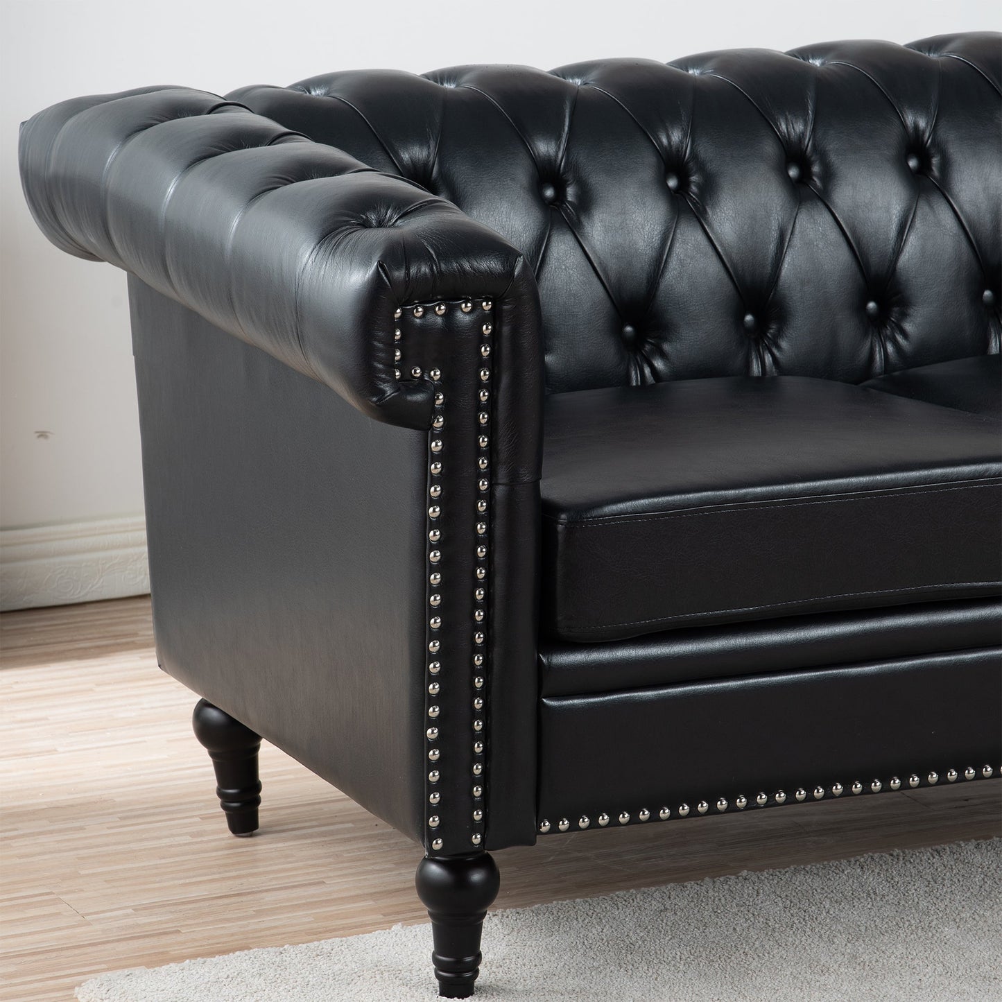NEW Traditional Black PU 3-Seater Sofa Couch with Removable Cushions and Birch Legs