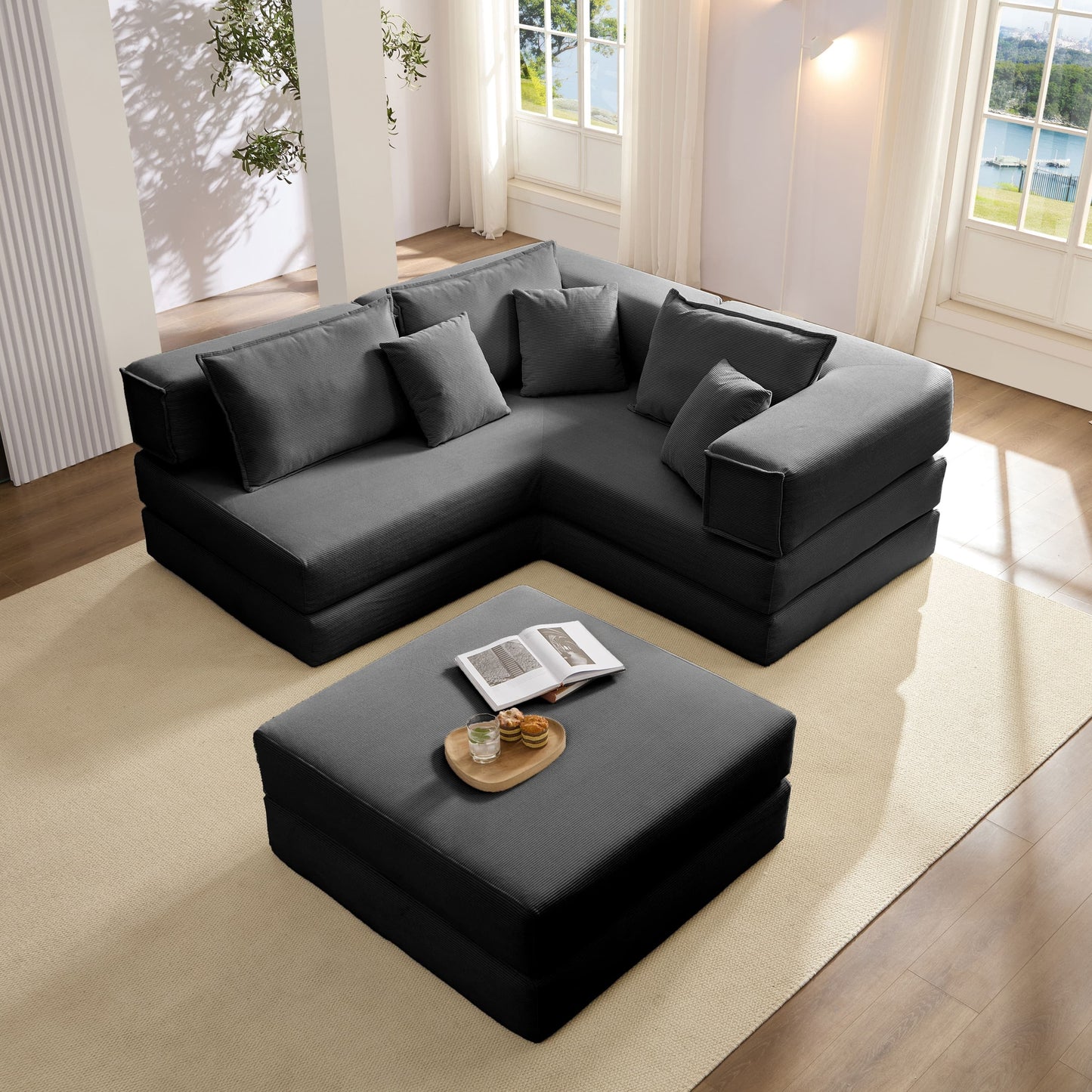 NEW Oversized Black Upholstered Sectional Sofa Set Modular 118.2' L Shaped Living Room Sofa Set with 6 Pillows