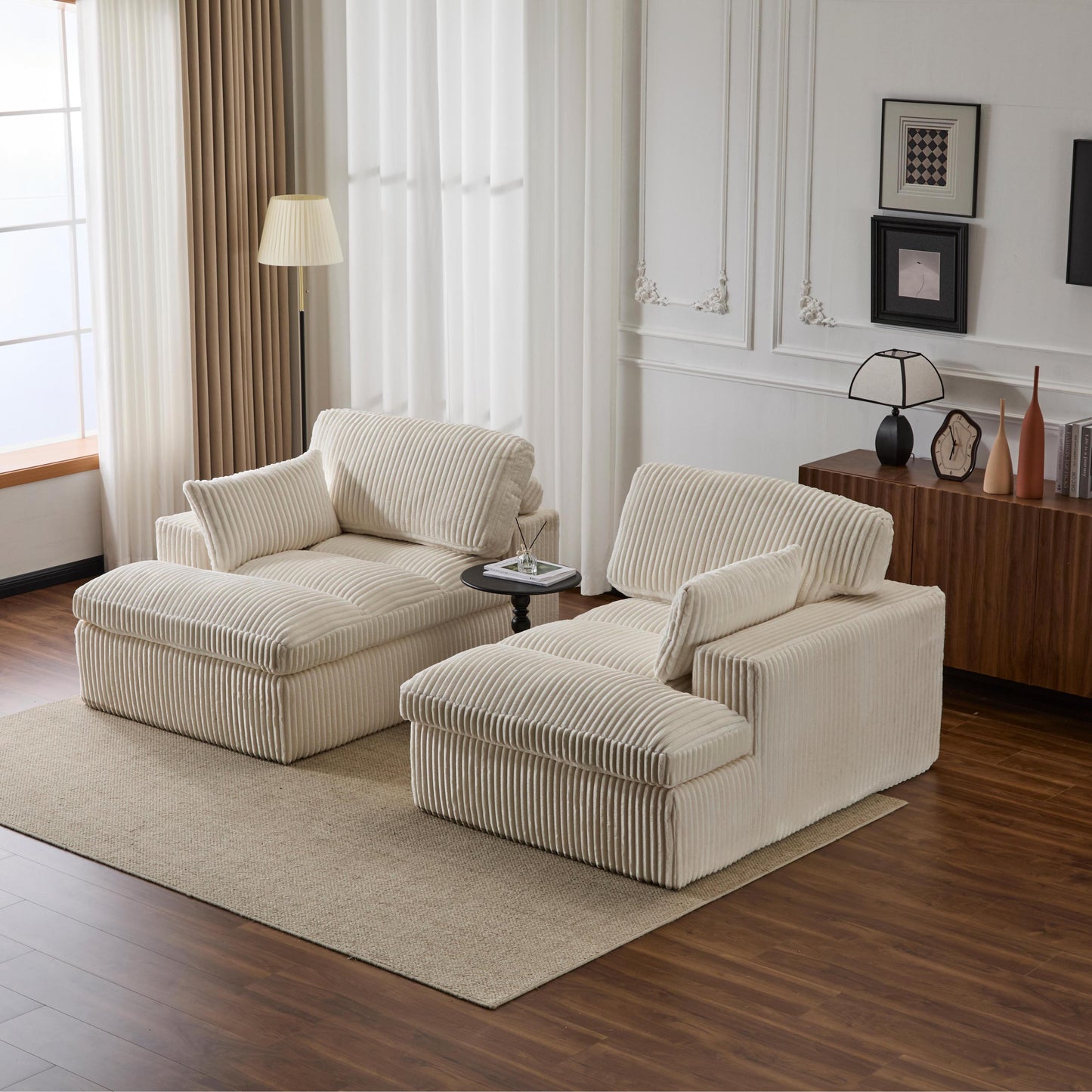 NEW Double Chaise Lounge Chair Indoor,Oversized Upholstered Sleeper Cloud Couch,Deep Seat Luxury Sofa Bed,Sectional Sofa Chaise Love-seat,Corduroy Reading Chair for Living Room,No Assembly Required,White