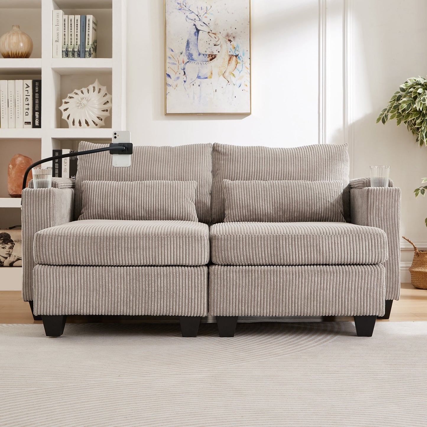 NEW Convertible Chaise Lounge 63' Loveseat Sofa Bed with USB Ports, Cup Holders, Phone Holder, Storage, Brown Corduroy