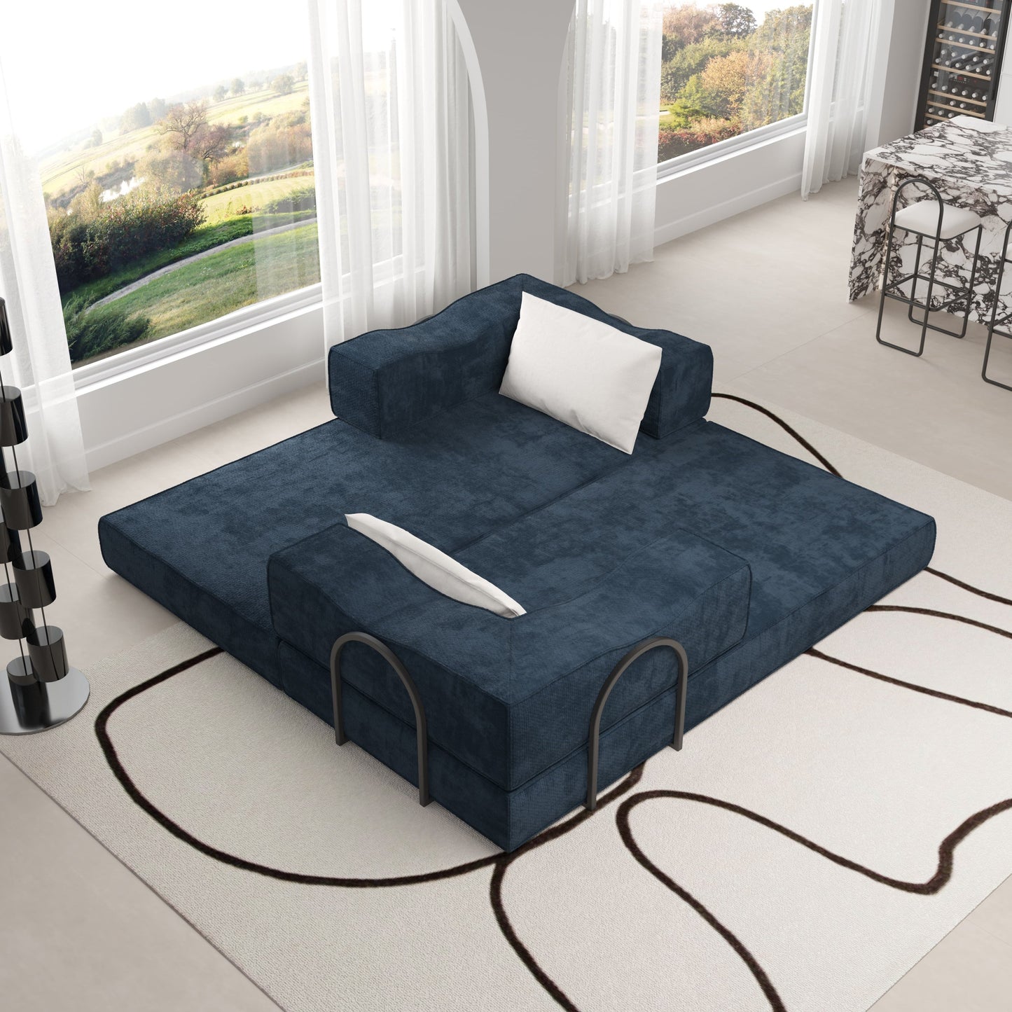 NEW 80' Convertible Couch Bed with 2 Pillows, 3-Seat Folding Floor Couch & King Size Bed Mattress, DIY Combination,Chenille,Blue