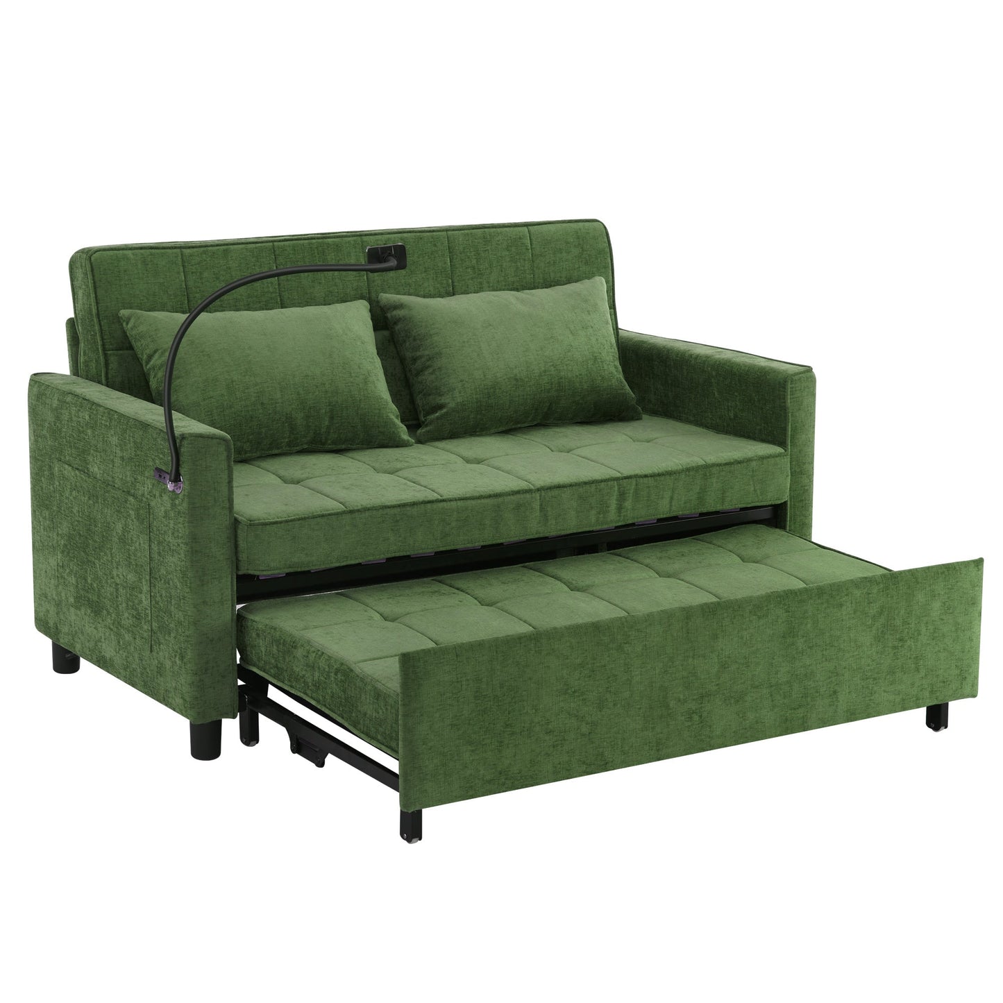 NEW 56.9' Convertible Loveseat Sofa Bed with Adjustable Backrest, USB Ports, Phone Holder, Side Pockets, Green Chenille,