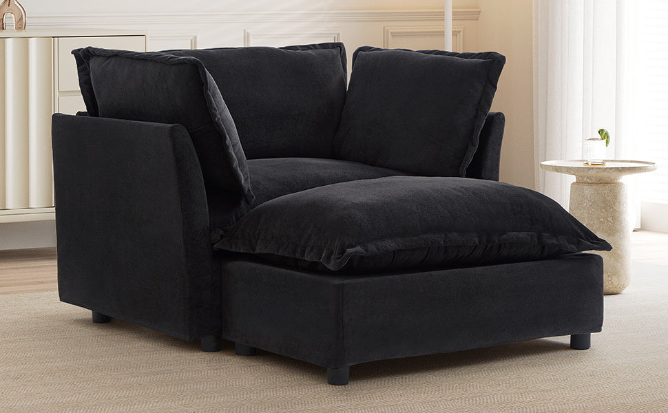 NEW Modern Armchair Sofa 47' Cozy Upholstered Sofa Chair with Movable Ottoman, Black Chenille, Wide Seat & Curved Armrests