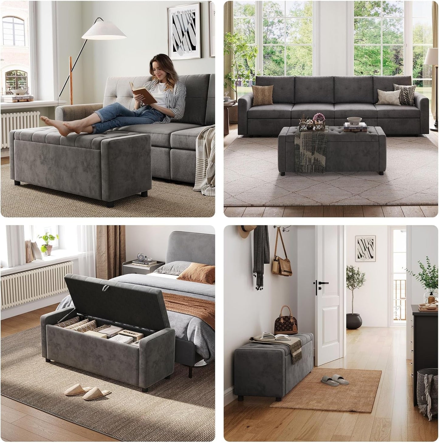 NEW 50 Inch Grey Luxurious Upholstered Storage Ottoman