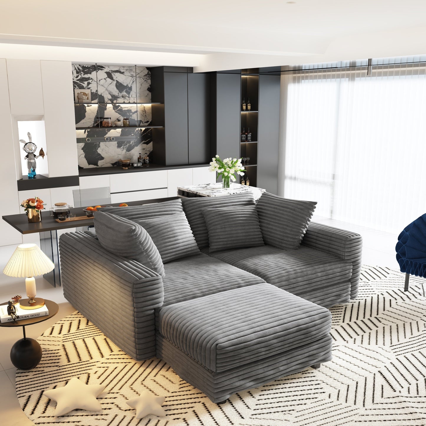 NEW 104.3' Modern Grey Convertible Lounge Chair Comfy Upholstered Plush Corduroy 4-Seat Sofa Cloud Deep Seat Couch with Soft Pillows and 2 Ottomans