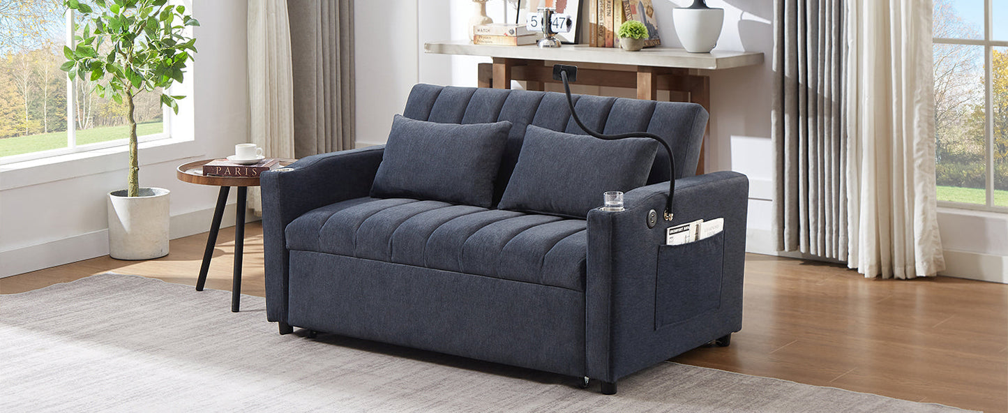 NEW Convertible Sofa Bed Loveseat with USB Ports, Side Pockets, Cup Holders, and Phone Holder in Blue Grey Bella Fabric, 55.9'