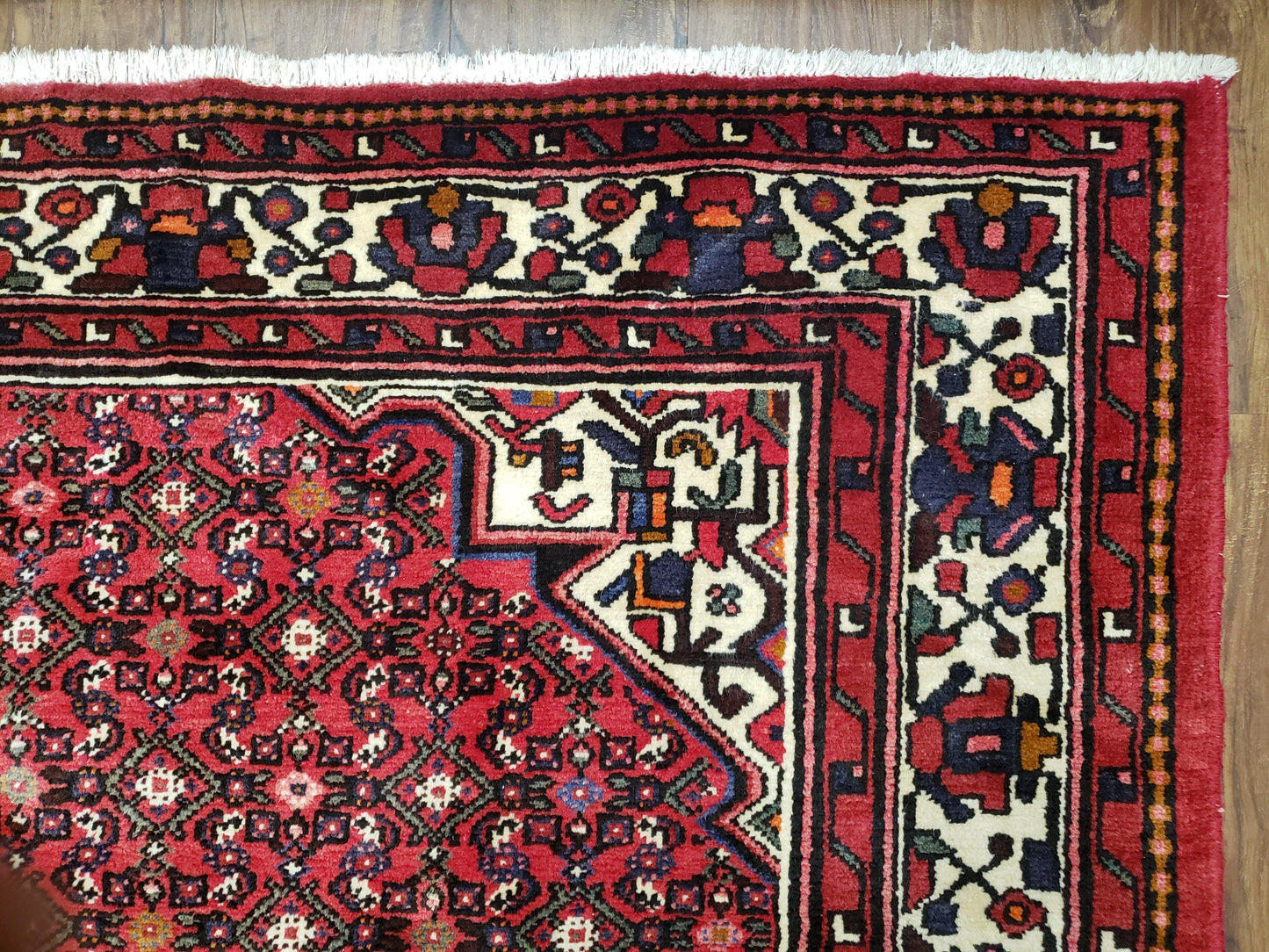 USED Vintage Persian Hamedan Rug 7x10, Angelas Mahi Pattern, Red, Wool, Hand-Knotted