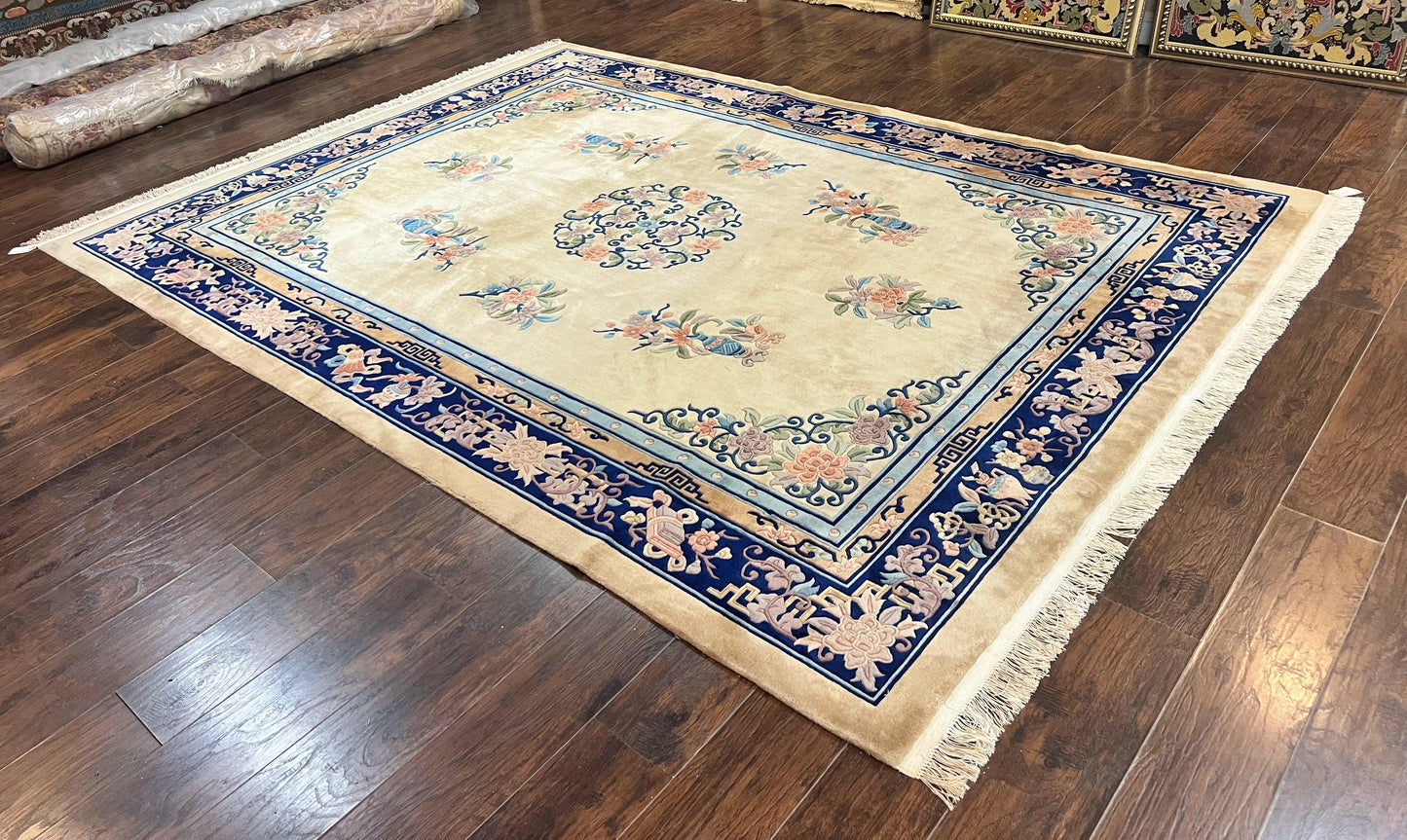 USED Chinese Wool Rug 8x11, Peking Asian Oriental Carpet, Cream/Ivory and Blue, Vintage Handmade Rug, Art Deco Rug