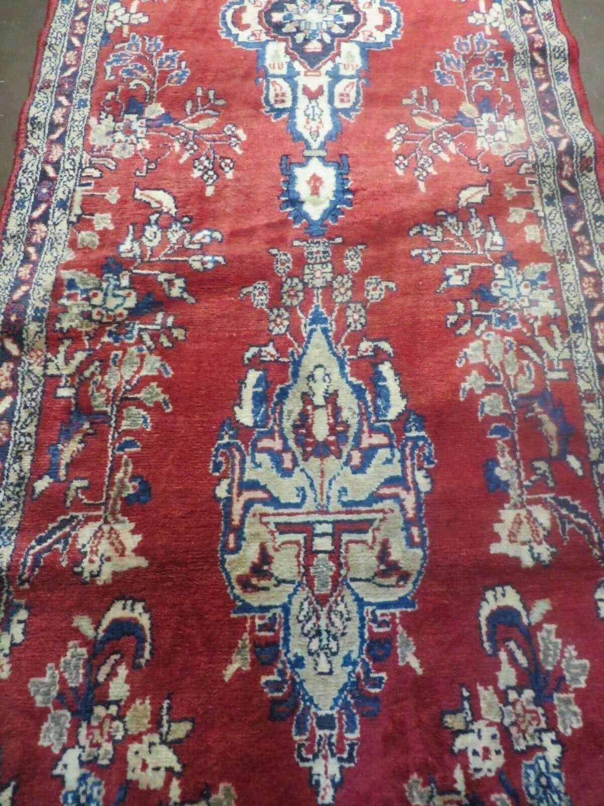 USED Persian Runner Rug 3 x 12, Antique Wool Oriental Runner, Floral Vases, Red & Navy Blue