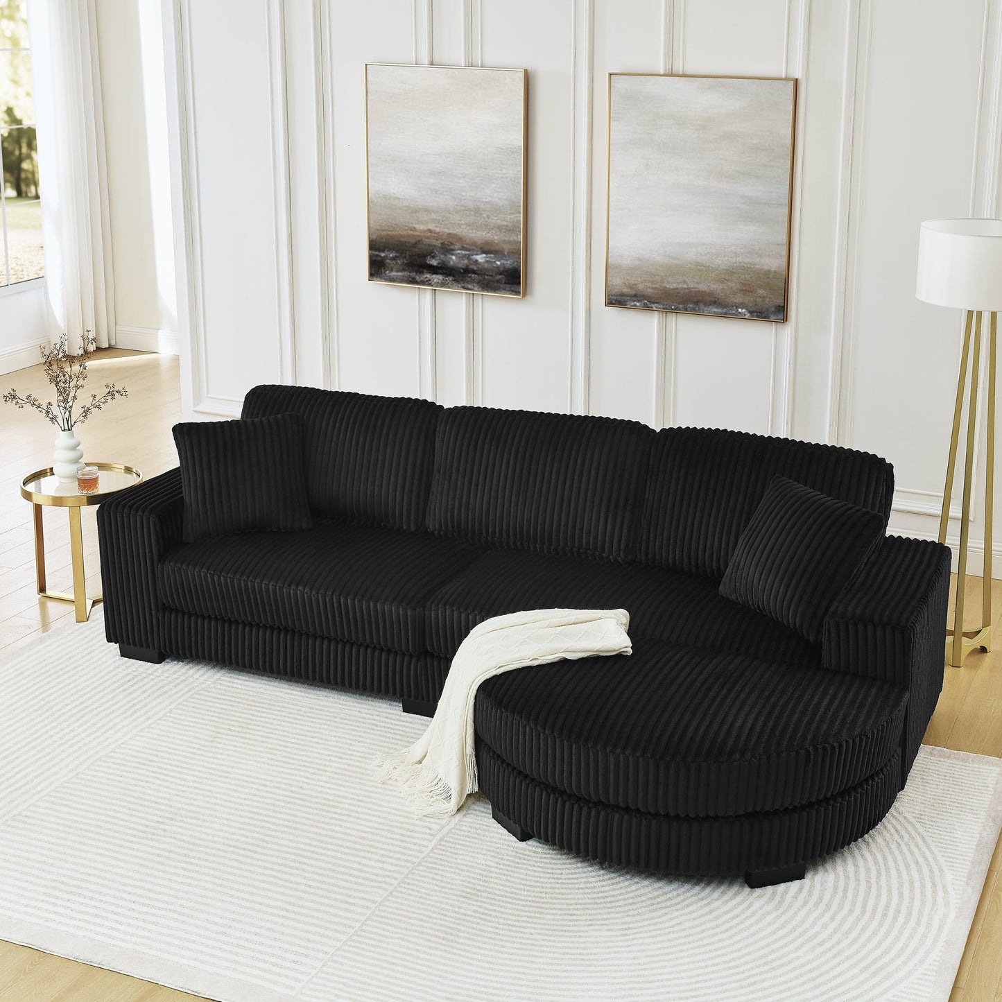 NEW Black Corduroy Tufted Upholstered Sleeper Sectional Sofa, L-Shaped Modular Convertible Sofa with Arc-Shaped Footstool