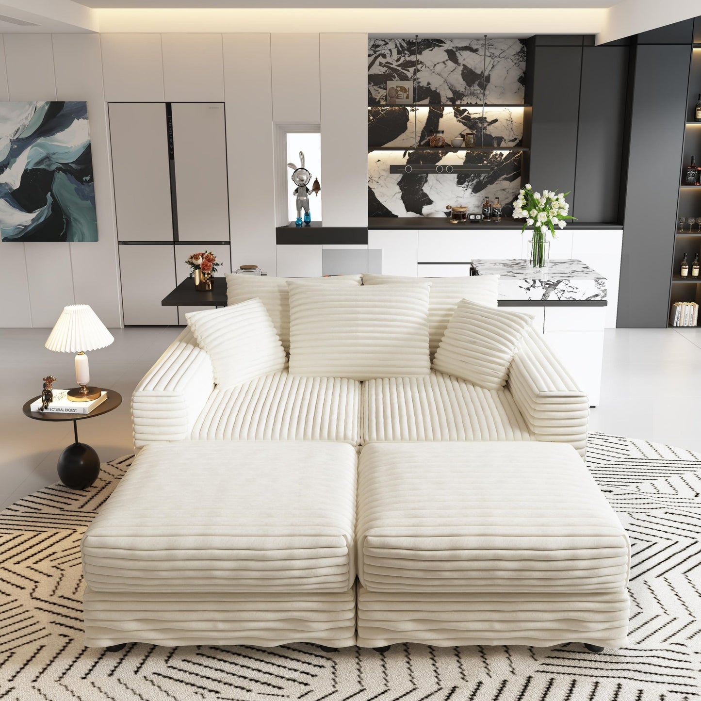 NEW 82.7 ' Plush Corduroy 3-Seat Sofa, Modern Comfy Upholstered Sofa Cloud Couch, Deep Seat Couches with Soft Pillows and 2 Ottomans, Convertible Sofa Lounge Chair, for Living Room,Apartment,Office,Beige