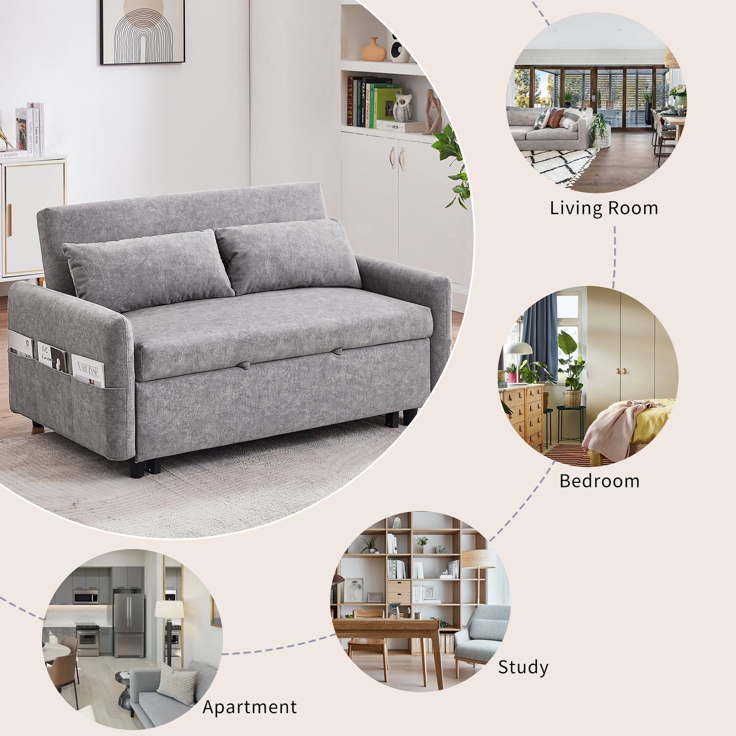 NEW Contemporary Grey Pull Out Sleep Sofa Bed Loveseat with Adjustable Backrest Storage Pockets USB Ports and 2 Soft Pillows