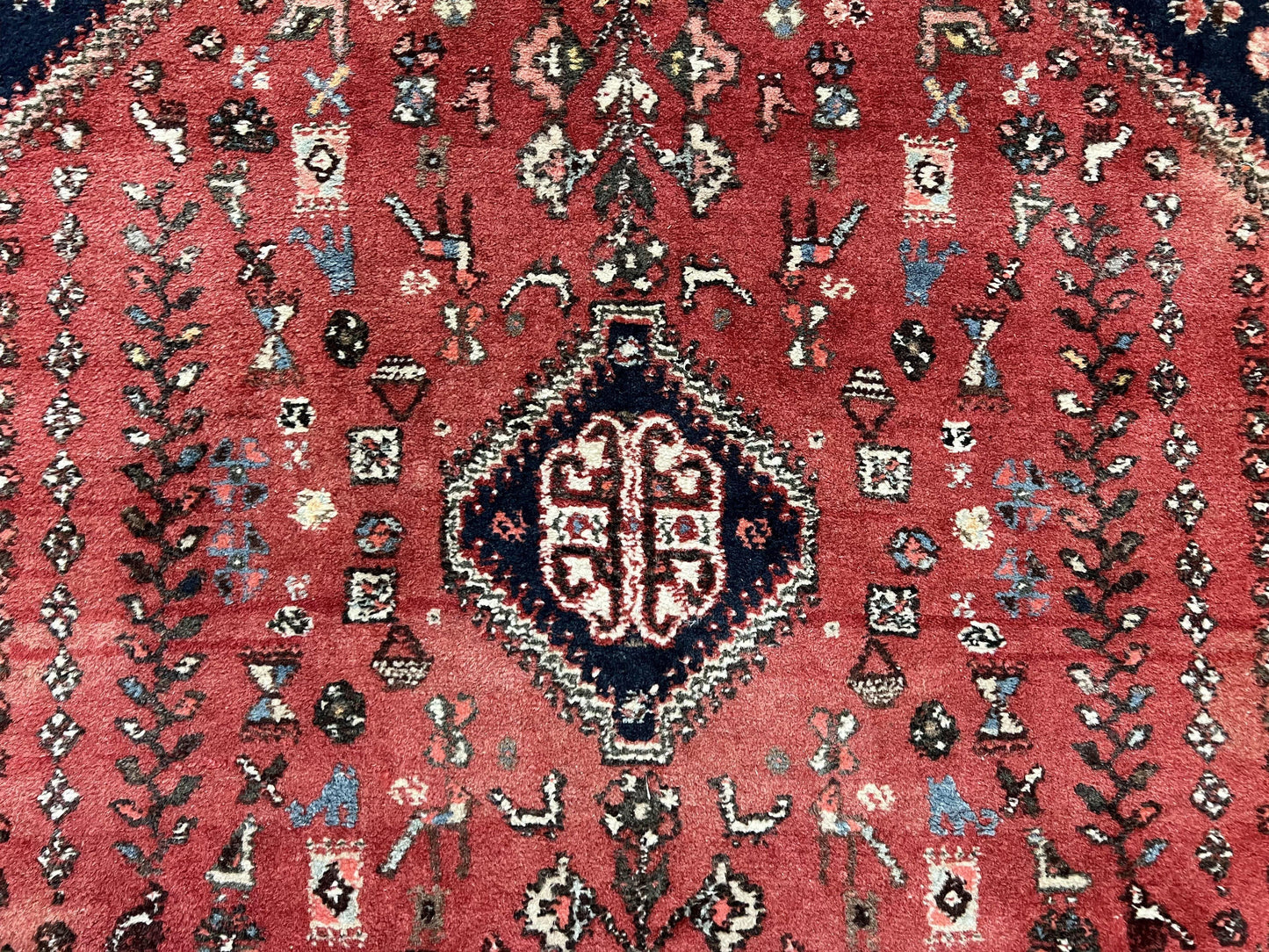USED Persian Tribal Rug 3.6 x 5 ft, Persian Abadeh Rug, Geometric Medallion Bird Motifs, Red and Navy Blue Hand Knotted Handmade Wool Vintage Oriental Carpet