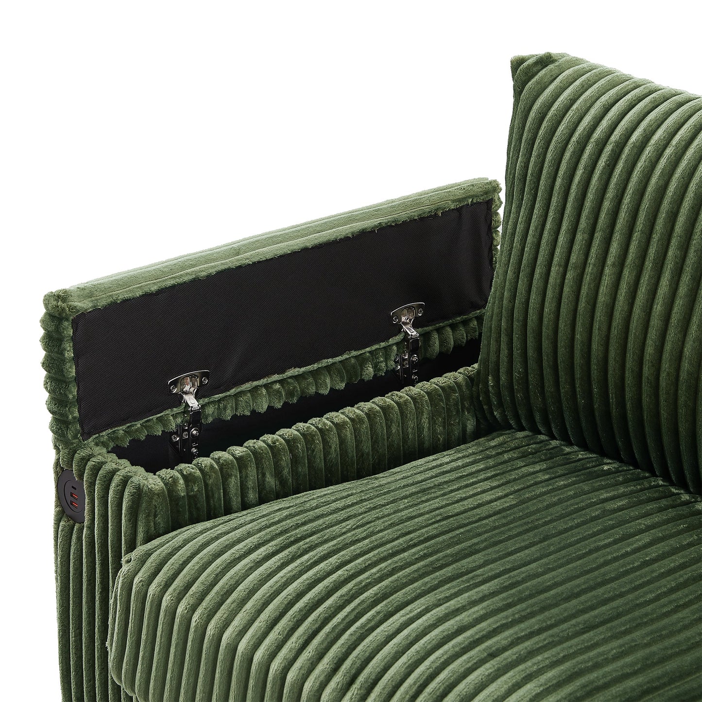 NEW Modern 4-Seater Green Corduroy Sofa with USB Ports Hidden Storage Arms and Flip-Top Cup Holders