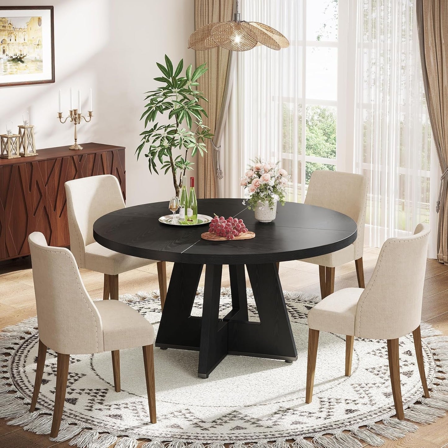 NEW Farmhouse Round Dining Table 47 Inch Black For Four
