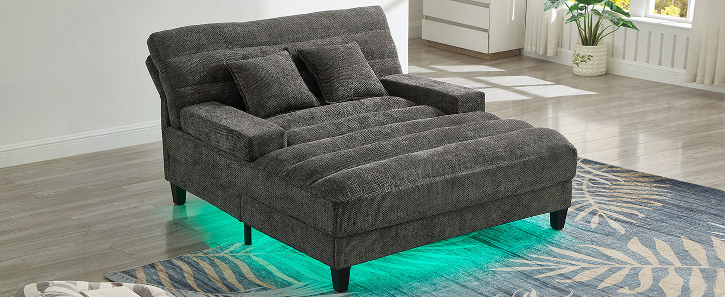 NEW  Grey Chenille LED Light Strip Upholstered Modern Chaise Lounge Sofa Bed