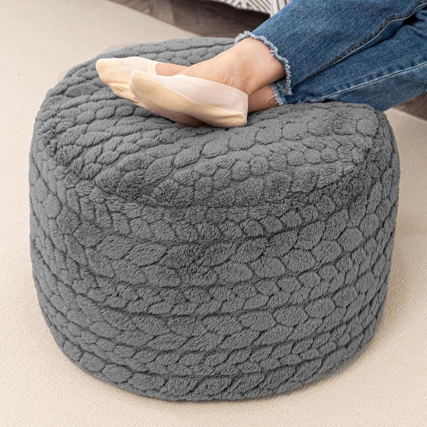 NEW Luxuriously Round Pouf Ottoman 20x20 Gray Footrest